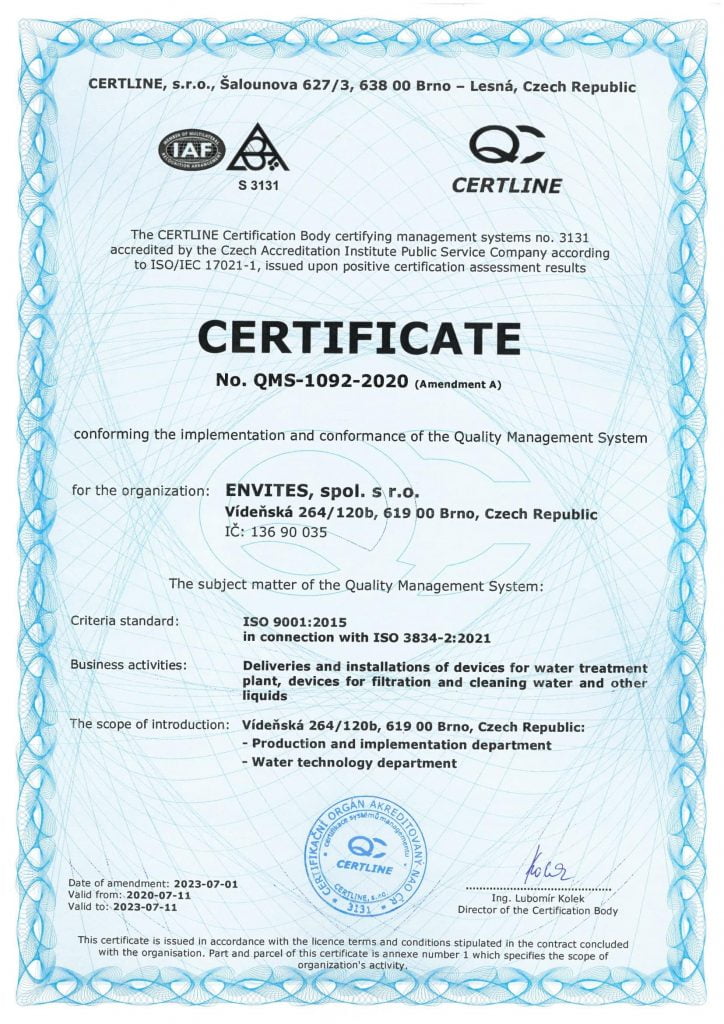 Certificate ISO9001 QMS1092 2020A inc welding EN 1 | ENVITES | Technologie pro vodní a kalové hospodářství - Brno