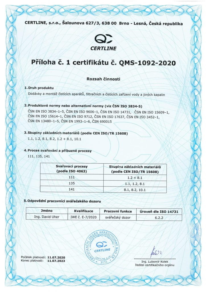 Certifikát kvality ISO 9001 - QMS_1092_2020-příloha svařování_CZ-1