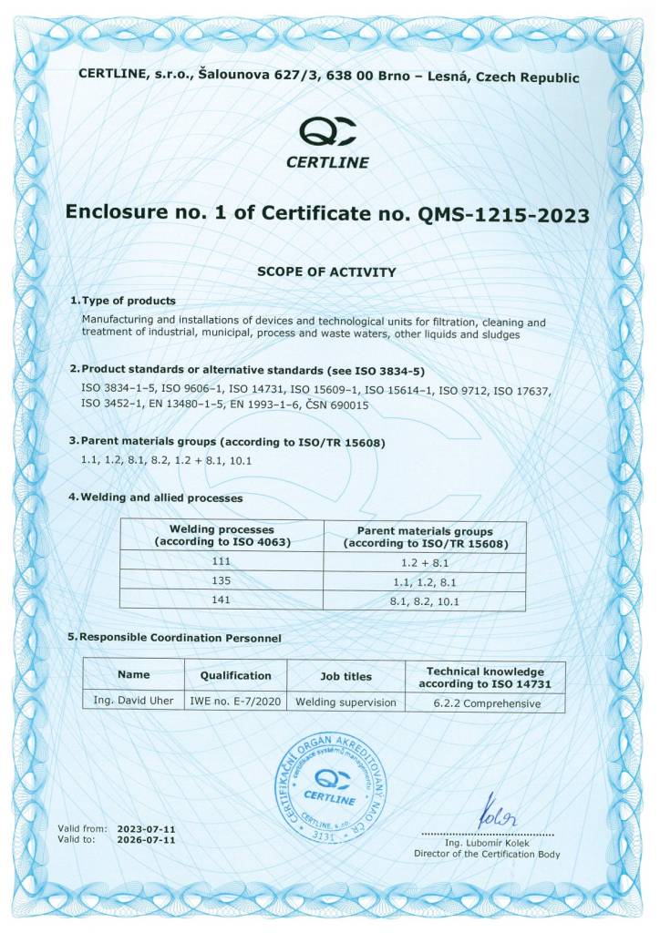 Certificate ISO 9001 QMS 1092 2023 2026 scope of activity welding EN | ENVITES | Technologie pro vodní a kalové hospodářství - Brno