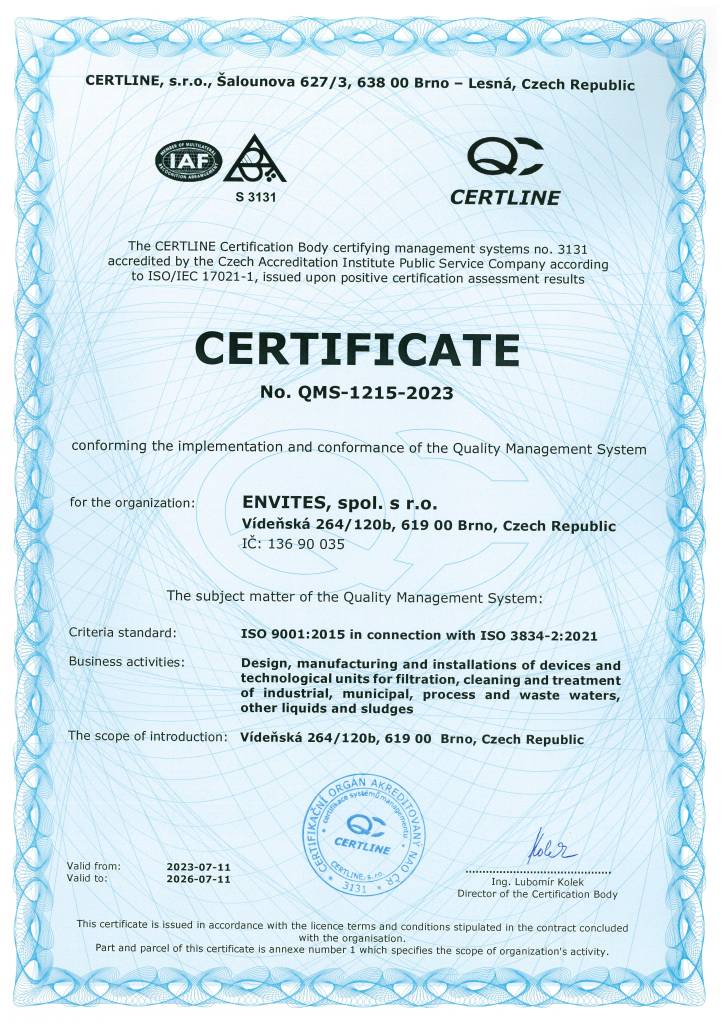 Certificate ISO 9001 QMS 1092 2023 2026A EN 4m | ENVITES | Technologie pro vodní a kalové hospodářství - Brno