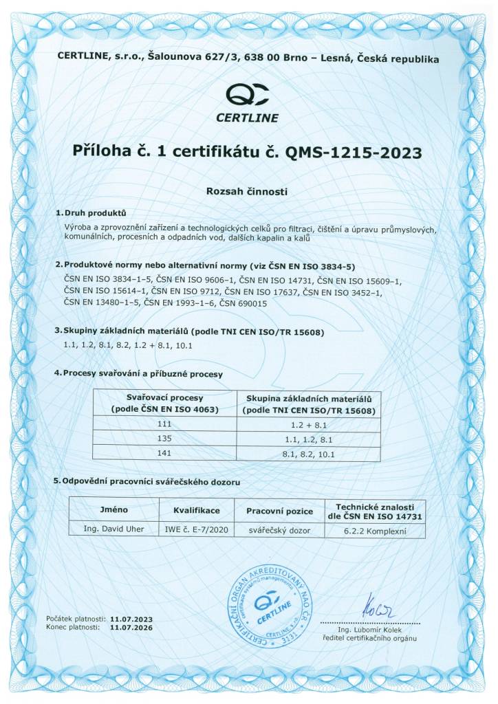 Certifikat ISO 9001 QMS 1092 2023 2026 rozsah cinnost svarovani CZ | ENVITES | Technologie pro vodní a kalové hospodářství - Brno