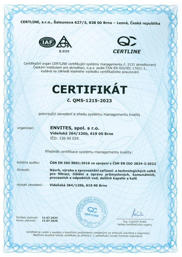 Certifikat ISO 9001 QMS 1092 2023 2026A CZ | ENVITES | Technologie pro vodní a kalové hospodářství - Brno