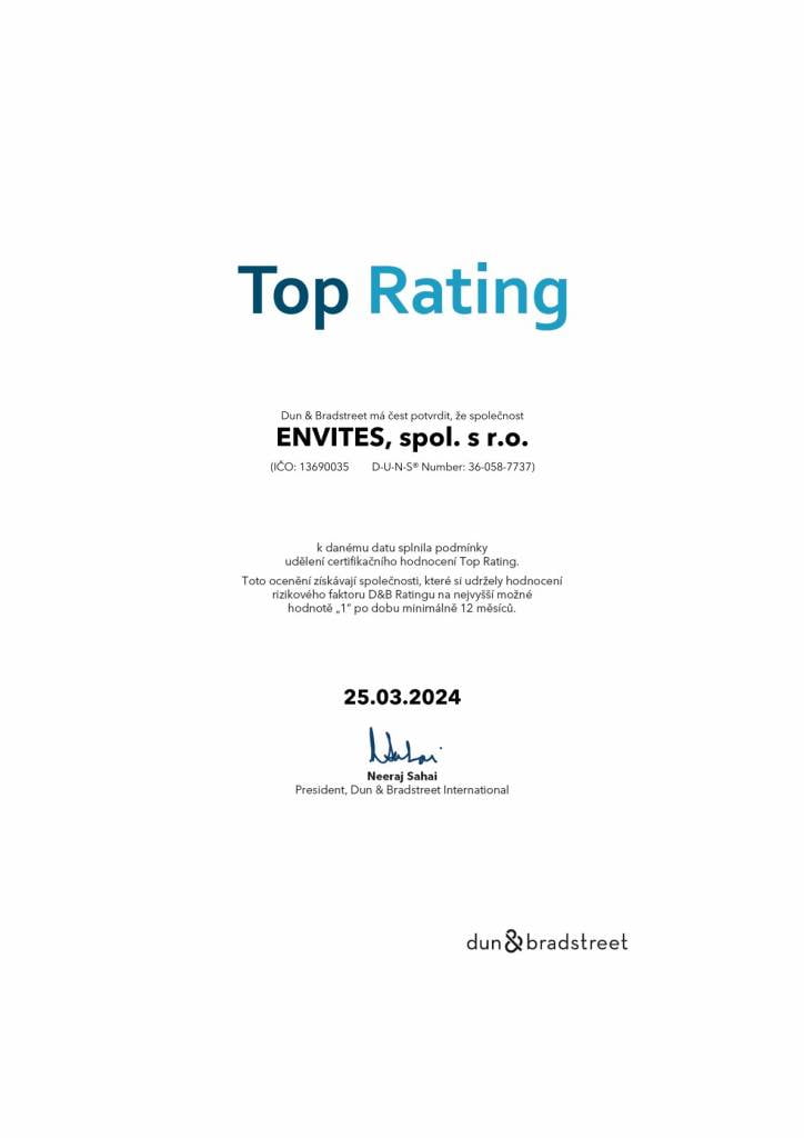 Digital Certificate CZ top rating 2024 1 | ENVITES | Technologie pro vodní a kalové hospodářství - Brno